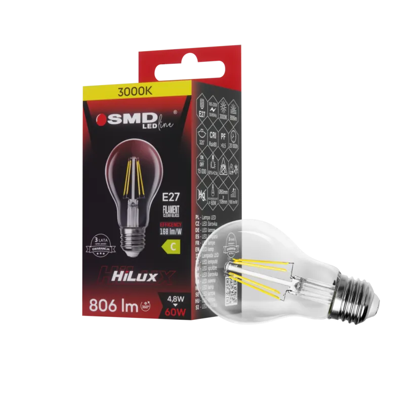 Ograniczona ilość ŻARÓWKA E27 LED FILAME 4,8W WW CLEAR HiLux 4960 ZAR4960SLL - SMD LEDline